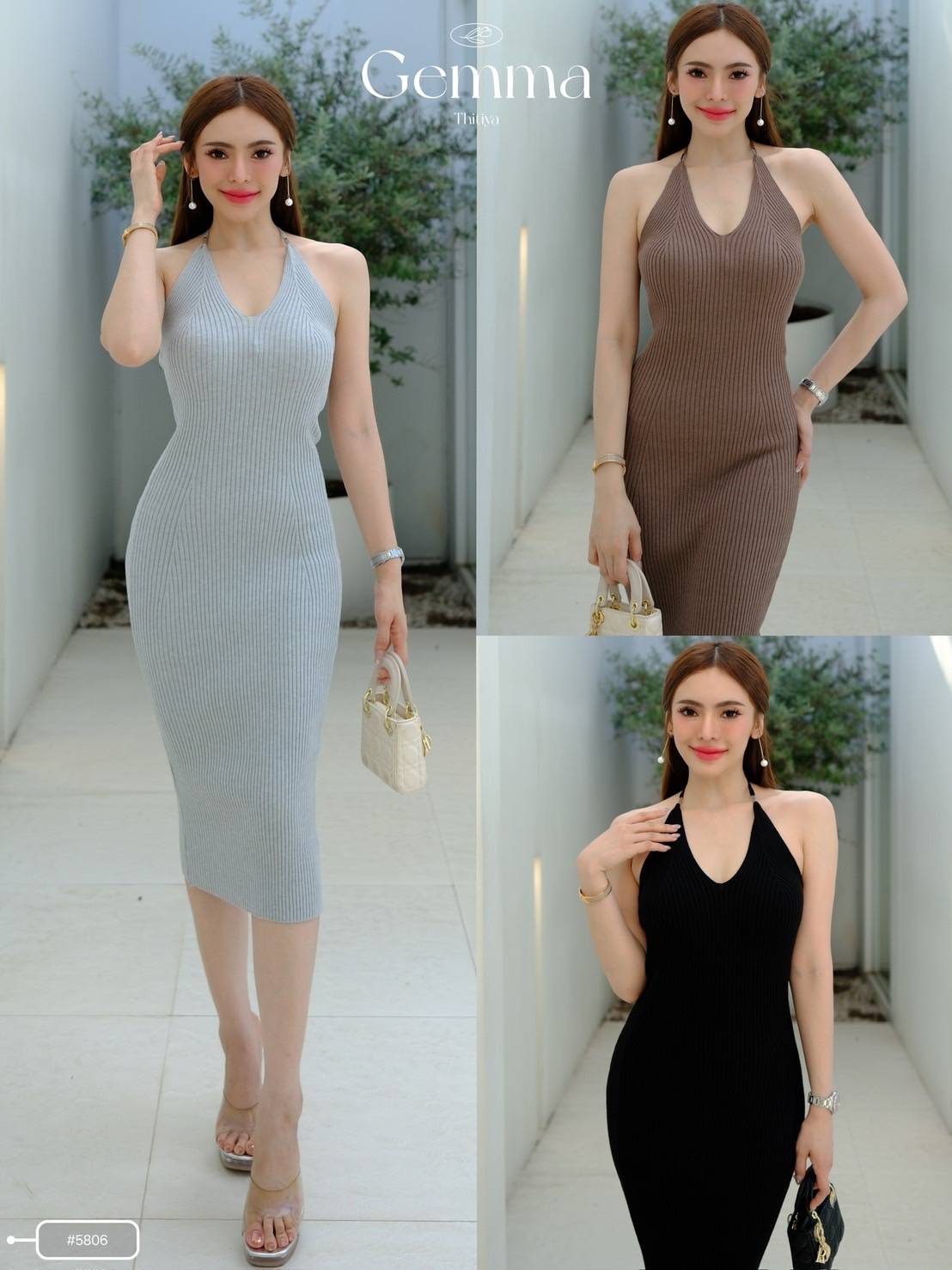 #5806 Gemma Dress เดรสไหมพรมพรีเมี่ยมผูกคอ สายแต่งอะไหล่เงินอย่างดี แบบสามารถเลื่อนปรับได้ thitiya