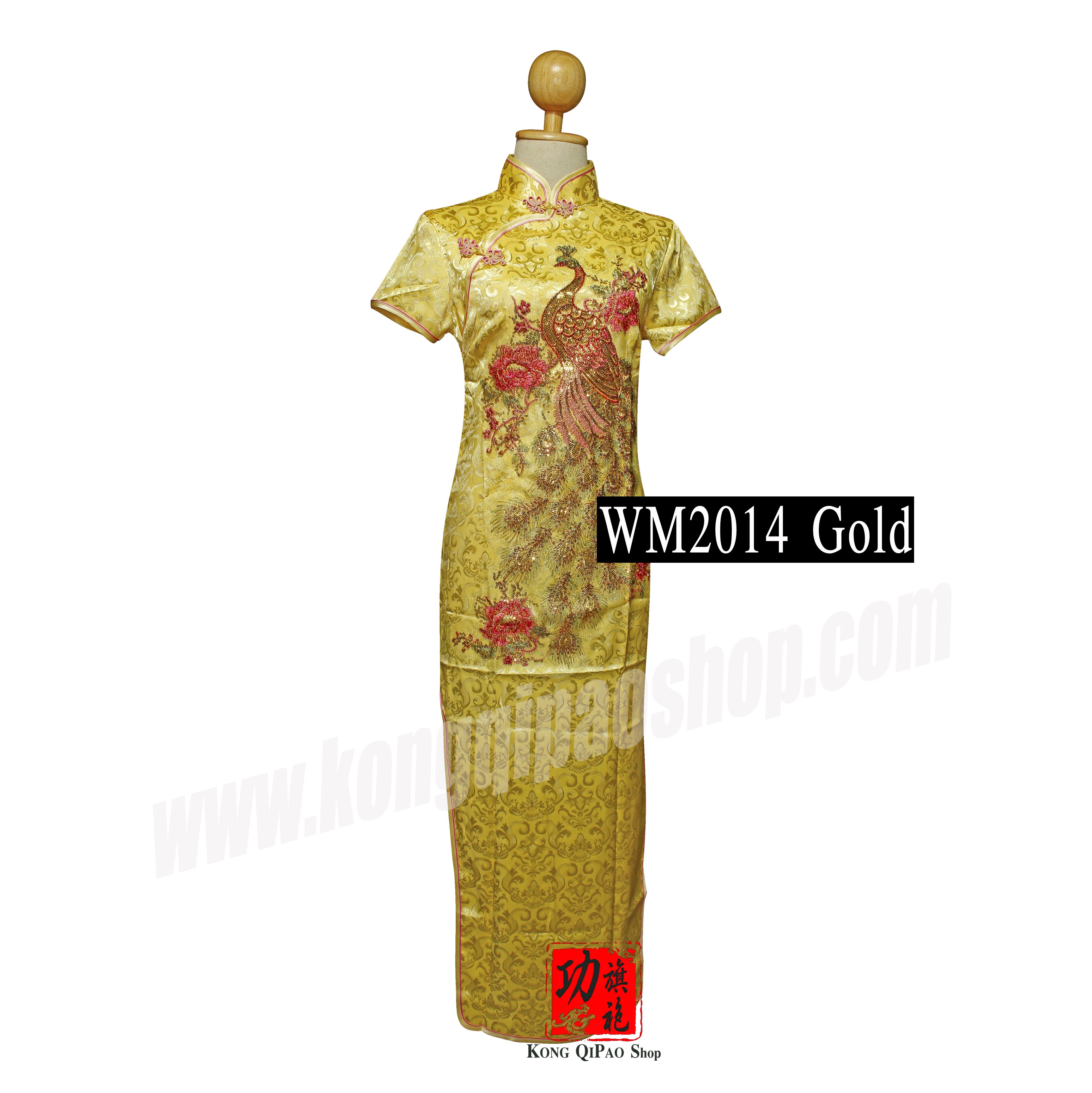 WM2014 กี่เพ้ายาวผู้หญิง แขนสั้น ลายนกยูง