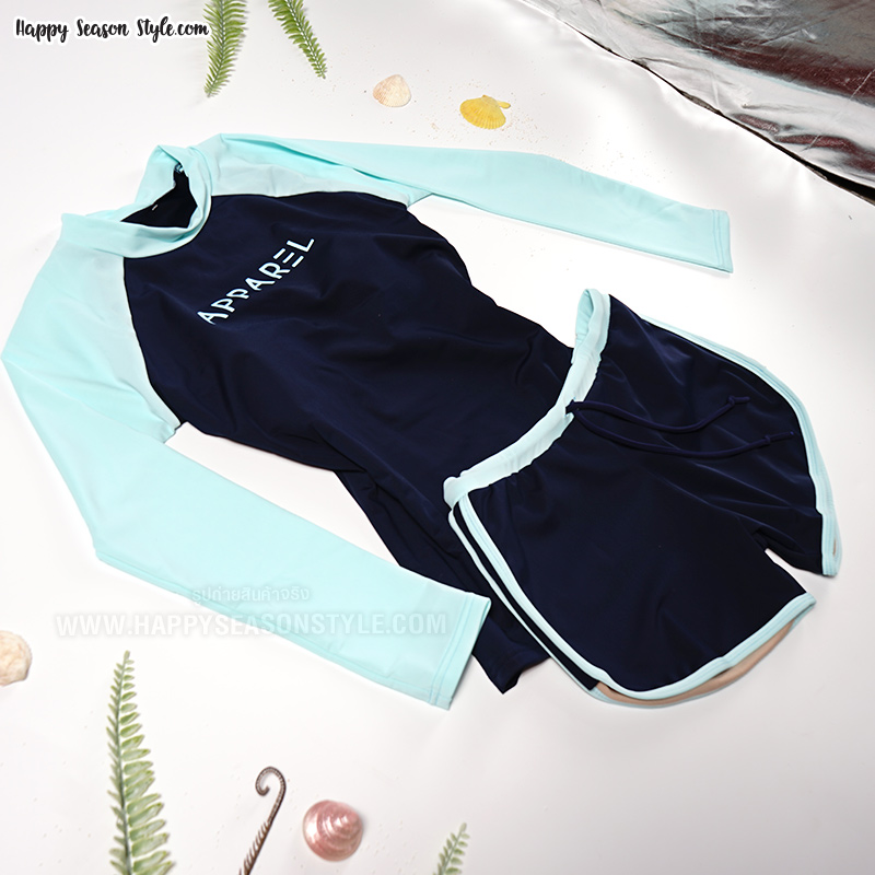 ชุดว่ายน้ำ ทูพีช แยกชิ้น เสื้อแขนยาว กางเกงขาสั้น สีกรมท่า-ฟ้า