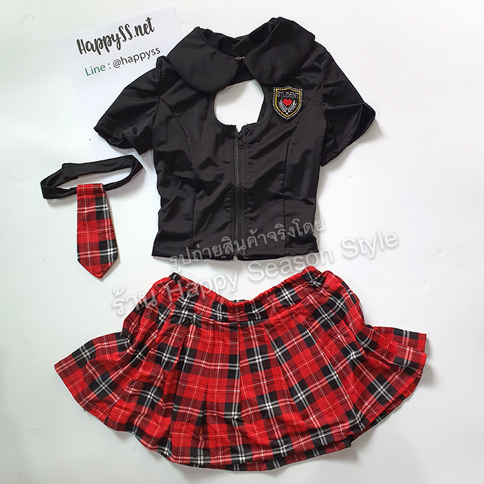 ชุดนักเรียน ชุดนักเรียนเอวลอย ชุดนักเรียนเซ็กซี่ ชุดนักเรียนเปิดอก ซิปหน้า สีดำ ไทด์ กระโปรงสก๊อตแดง