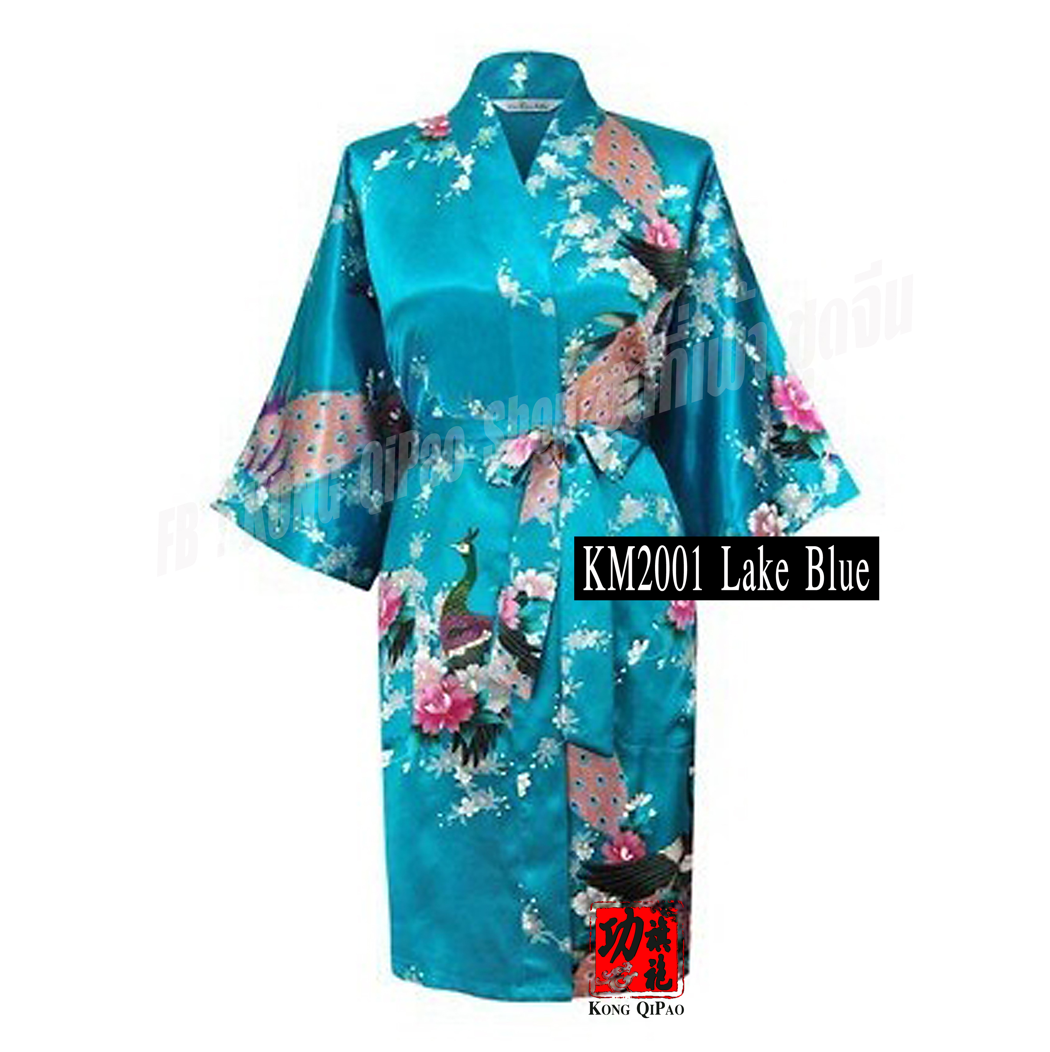 KM2001 ชุดคลุมกิโมโนผู้หญิง ลายนกยูงและดอกโบตั๋น