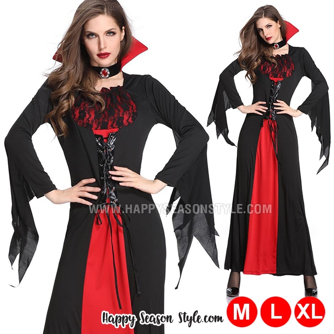 ชุดแม่มด ชุดแวมไพร์ แซกยาวดำแดง ปกตั้ง แขนกระดิ่งสีดำ