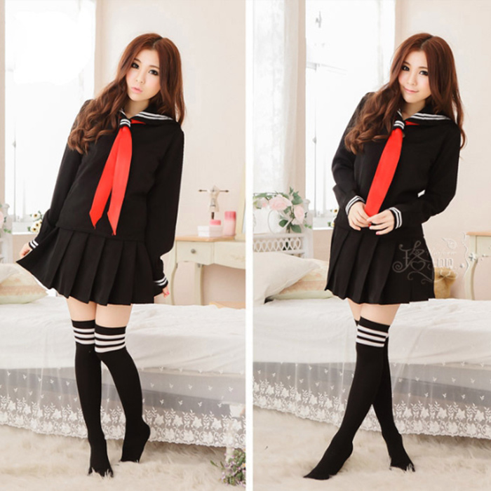 ชุดนักเรียน ชุดนักเรียนญี่ปุ่น สีดำ แขนยาว ผ้าพันคอแดง