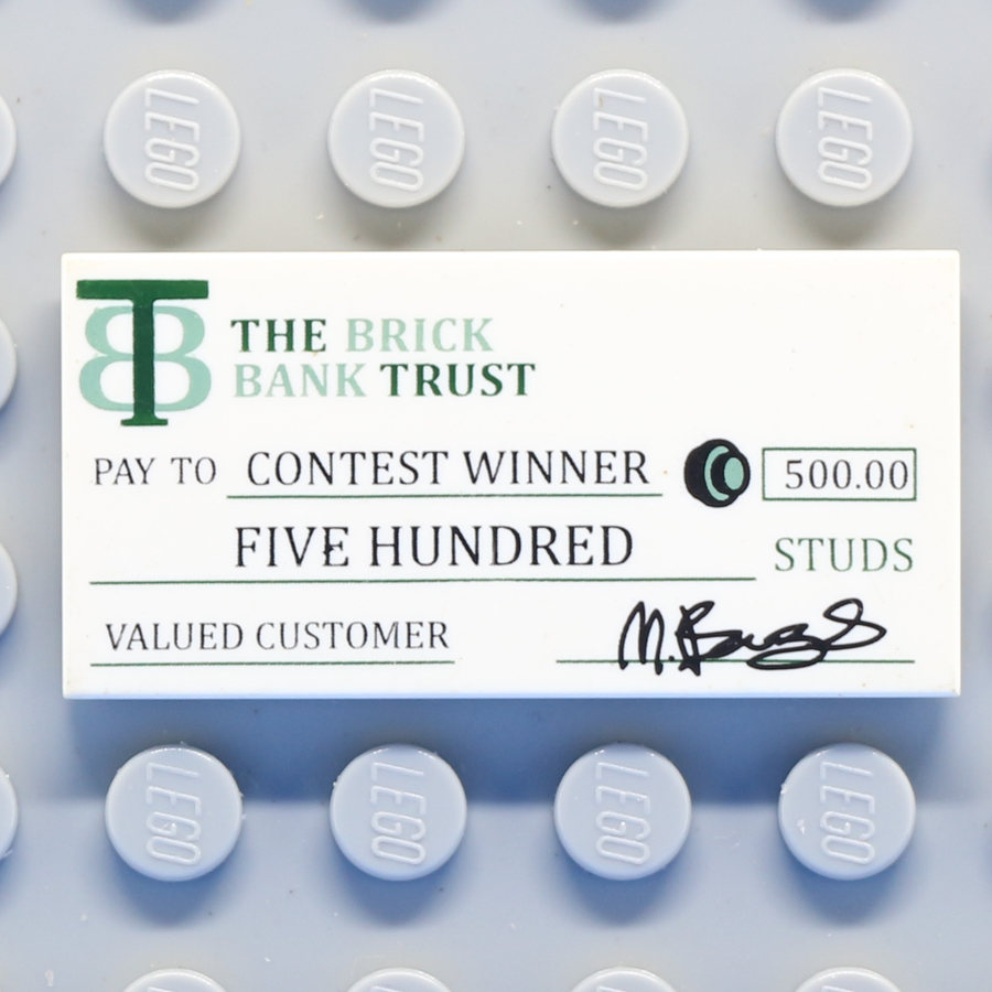 Tile 2 x 4 with 'THE BRICK BANK TRUST PAY TO CONTEST WINNER FIVE HUNDRED STUDS' Check Pattern