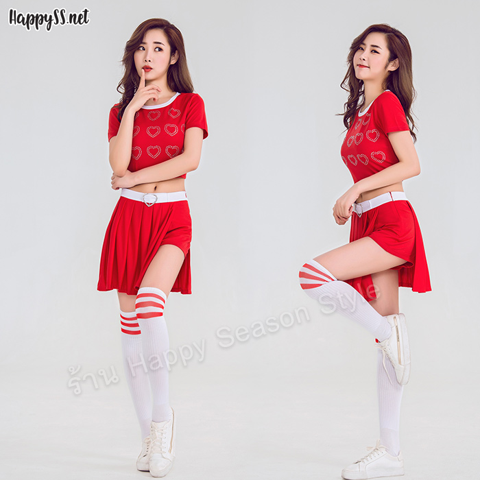 ชุดเชียร์ ชุดเชียร์ลีดเดอร์ ชุดเชียร์กีฬาสีแดง ลายหัวใจ ขอบขาว