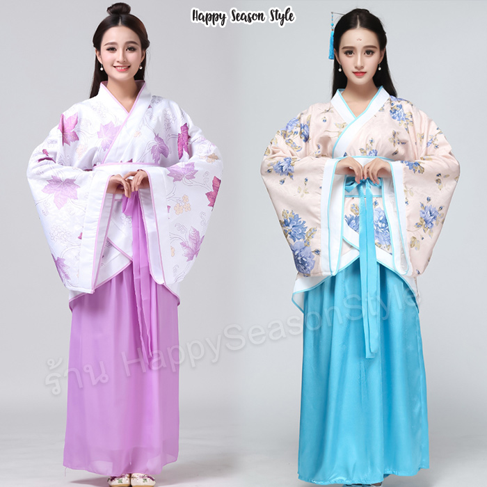 ชุดจีน ชุดจีนกำลังภายใน เสื้อลายดอกกระโปรงสีพื้น แถมปิ่น และ tattoo