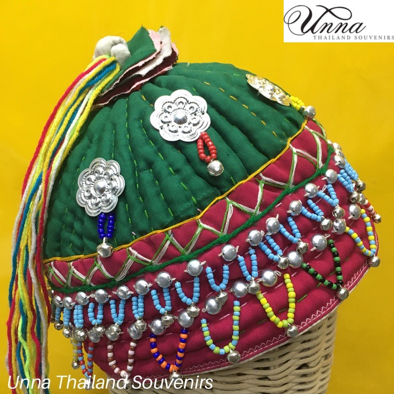 หมวกชาวเขา เครื่องประดับชาวเขา ชุดชาวเขา หมวกผ้าปักมือ สีชมพู เขียว Hill tribe ethnic handmade hat pink green