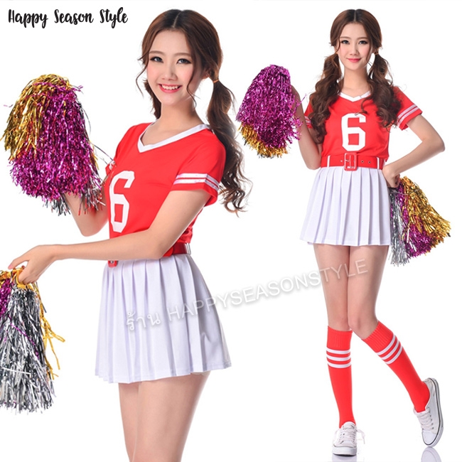 ชุดเชียร์ ชุดกีฬาสี เชียร์ลีดเดอร์ สีแดง กุ๊นขาว กระโปรงขาว พร้อมเข็มขัด