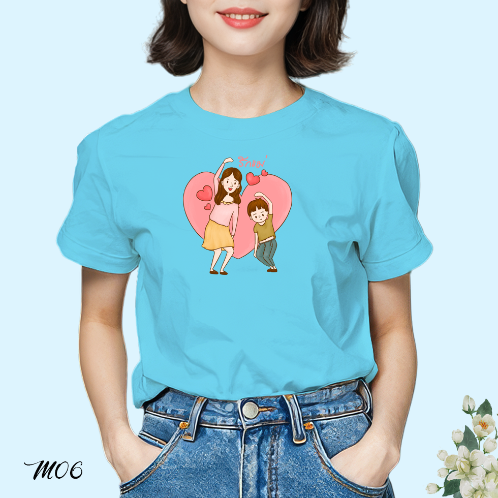 เสื้อยืดสีฟ้าวันแม่ สกรีนลาย รักแม่ M06 เนื้อผ้าโพลีเอสเตอร์ 100% นุ่มใส่สบาย ตรงปก