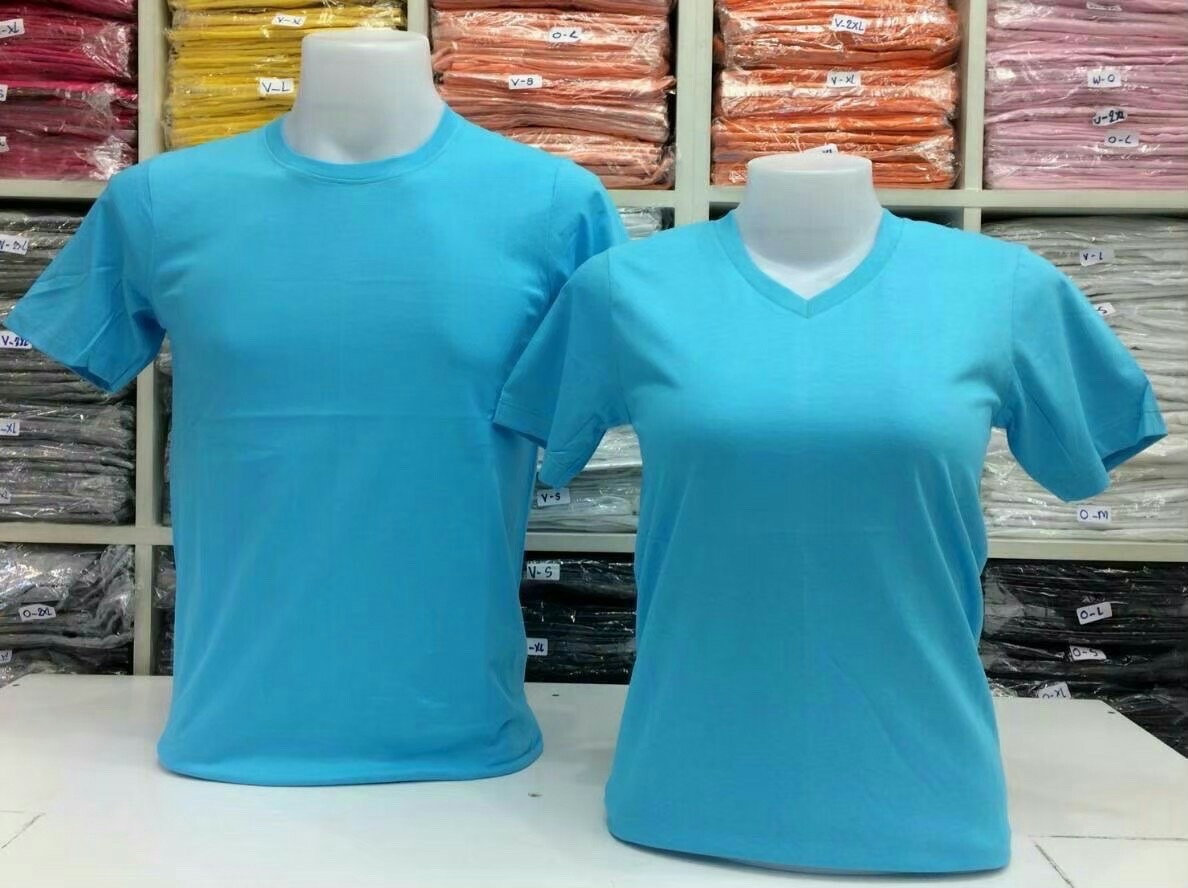 เสื้อยืดคอกลมคอวีสีฟ้า