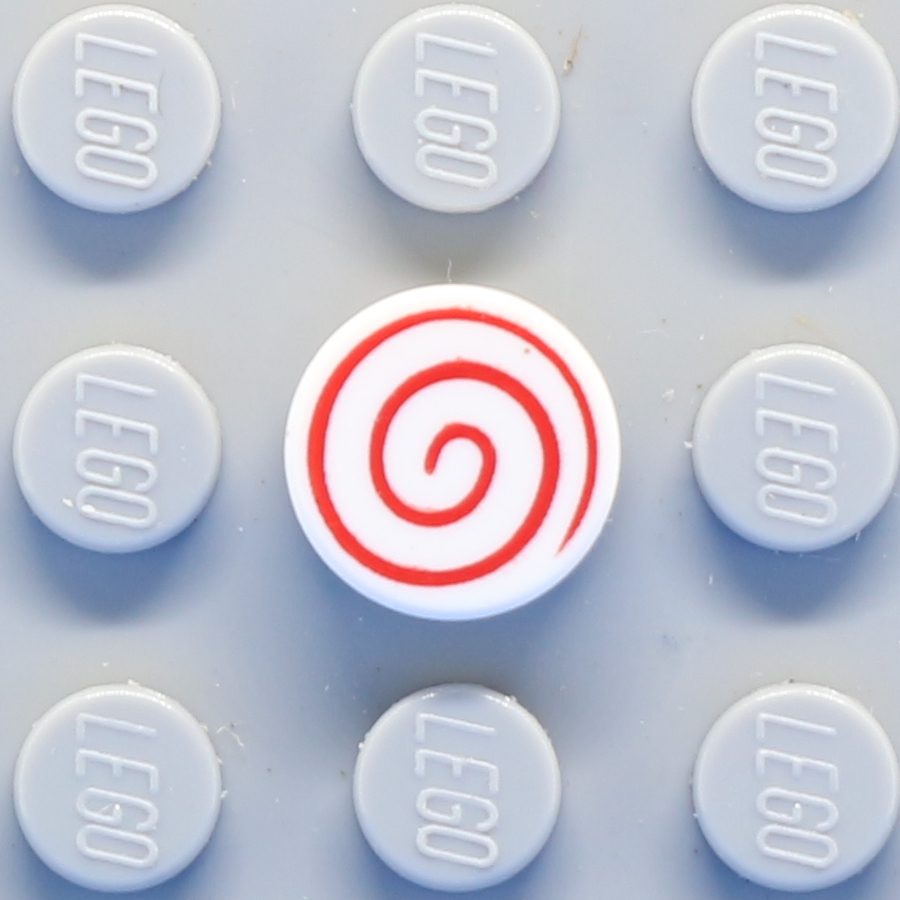 Tile, Round 1 x 1 with Red Spiral Pattern
