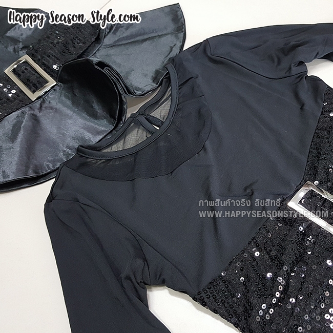 ชุดแม่มด แซกยาว แขนกระดิ่งสีดำ เข็มขัดเกล็ด พร้อมหมวกแม่มดทรงสูง