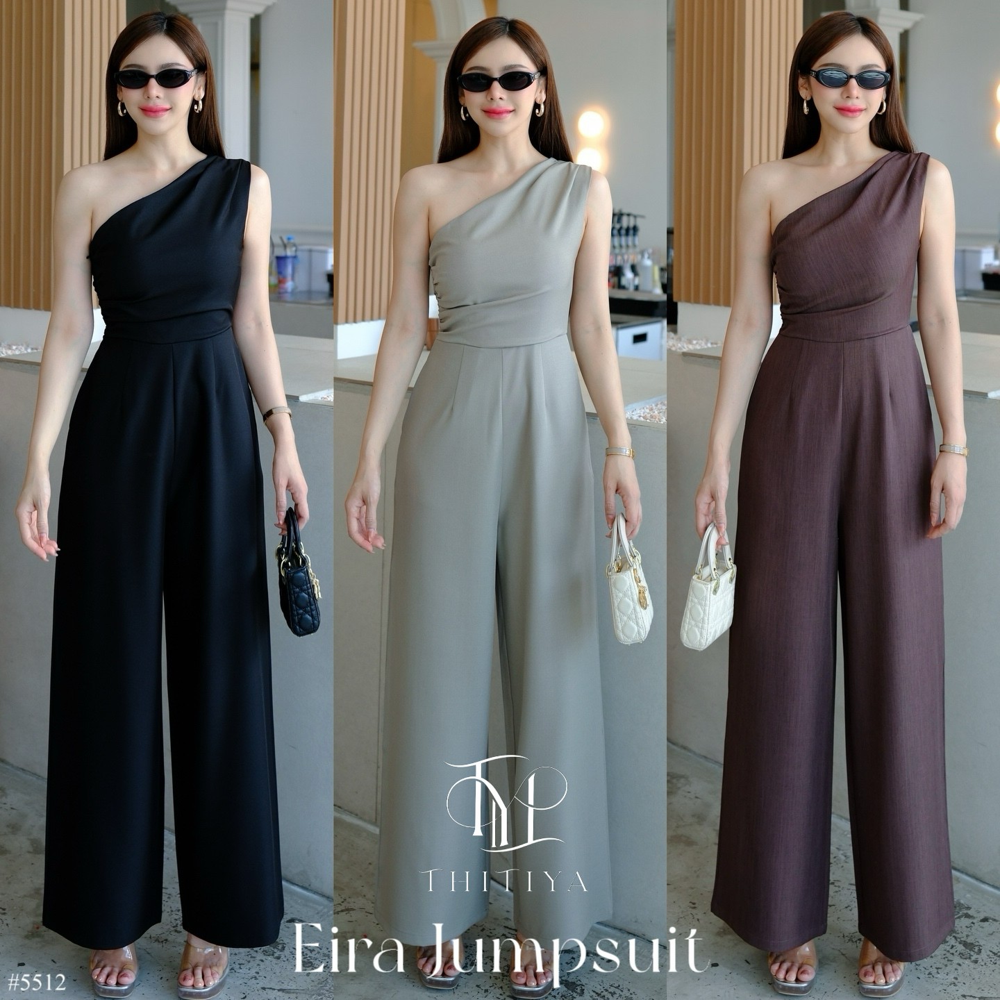 #5512 Eira Jumpsuit จั๊มยาวไหล่เดียว ผ้าดีเนื้อเรียบ ทิ้งตัวสวย ช่วงบนซับในอย่างดี งานเพิ่มกระเป๋าข้างสองฝั่ง Thitiya