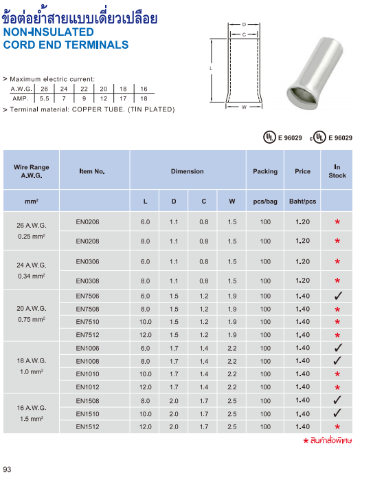 ข้อต่อย้ำสายแบบเดี่ยวเปลือย,NON-INSULATED CORD END TERMINLA