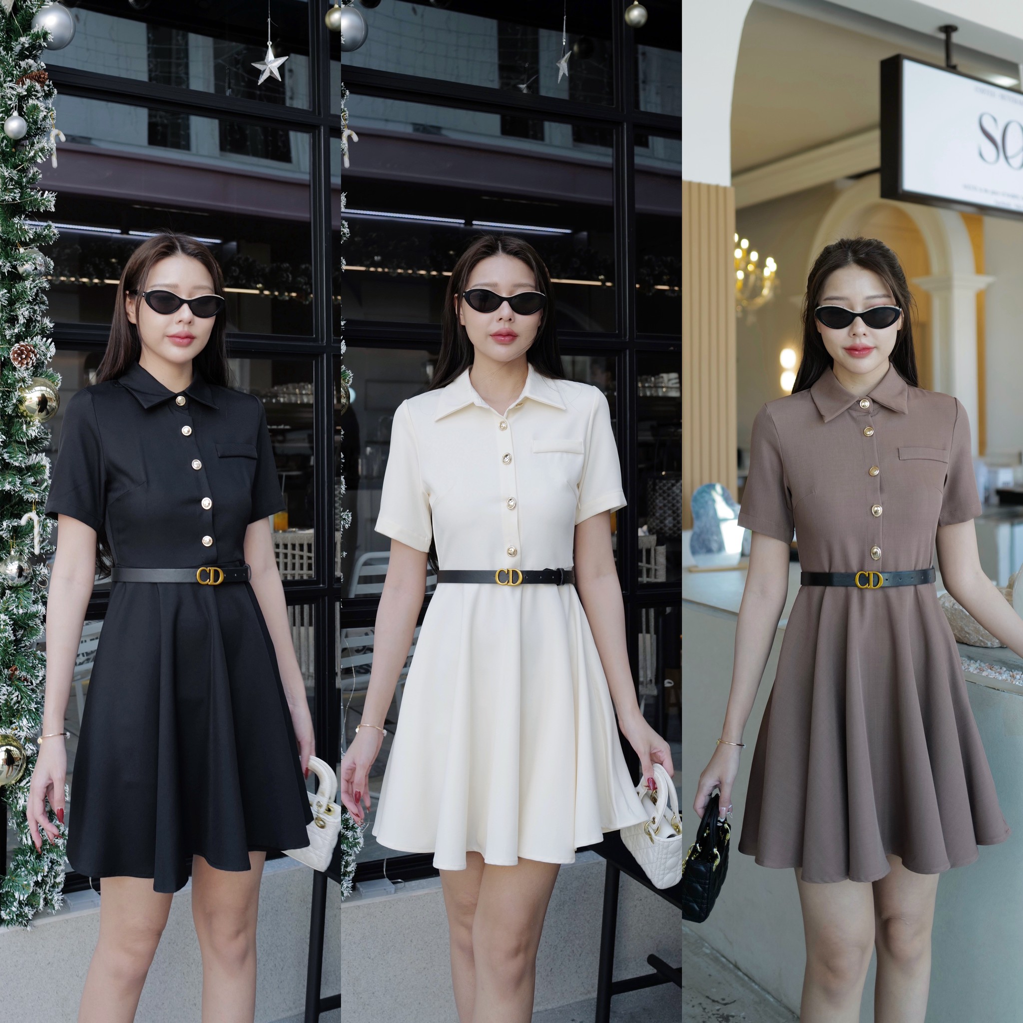 #4717 #Eve 💕💕 เดรสสายลูกคุณ แขนสั้น+เข็มขัด กระดุมหน้าจริง มีซิปข้างใส่ง่ายค่ะ