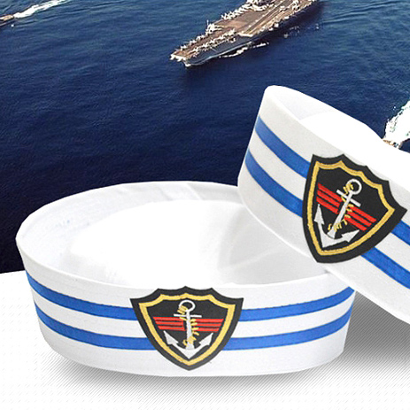 หมวกกะลาสี หมวกทหารเรือ มารีน ขาว ขลิบน้ำเงิน 2 แถว โลโก้สมอเรือ