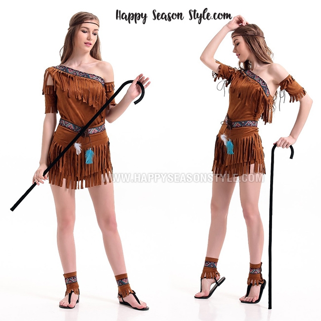 ชุดอินเดียแดง คนป่า ชนเผ่า สีน้ำตาล หนังกลับ