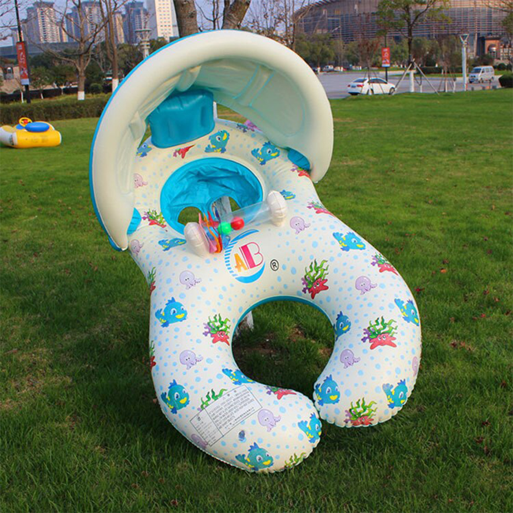 ห่วงยางเด็กและแม่ มีที่บังแดด สีฟ้า-ขาว Inflatable Blue-White Mom-Baby with Umbrella Pool Float