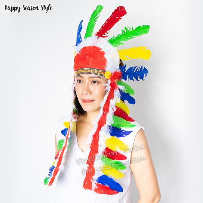 หัวอินเดียแดง หัวชนเผ่า หัวขนนก ที่คาดผมอินเดียแดง สีรุ้ง มีแผงยาวด้านหน้า