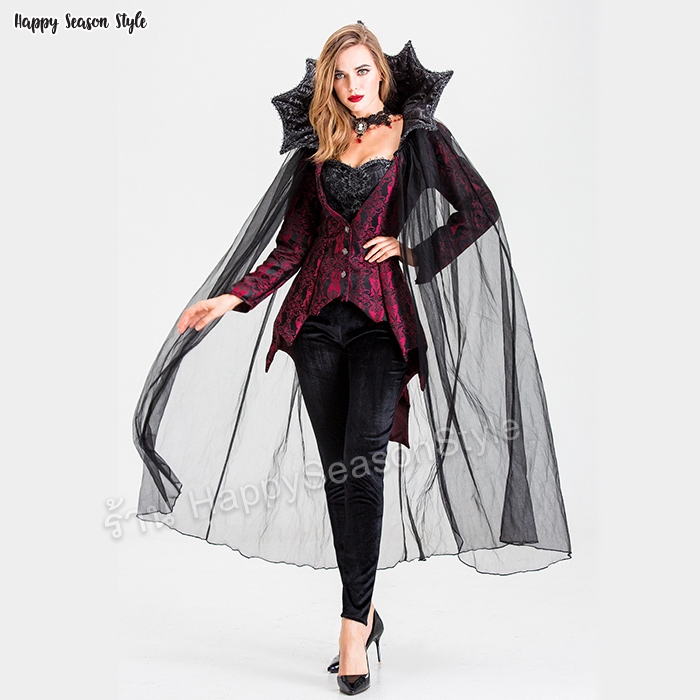 ชุดเจ้าแวมไพร์ ยุโรปคลาสสิค สีแดงไวน์ ปกตั้งแต่งลูกไม้ มีผ้าคลุมในตัว พร้อมเครื่องประดับหรู