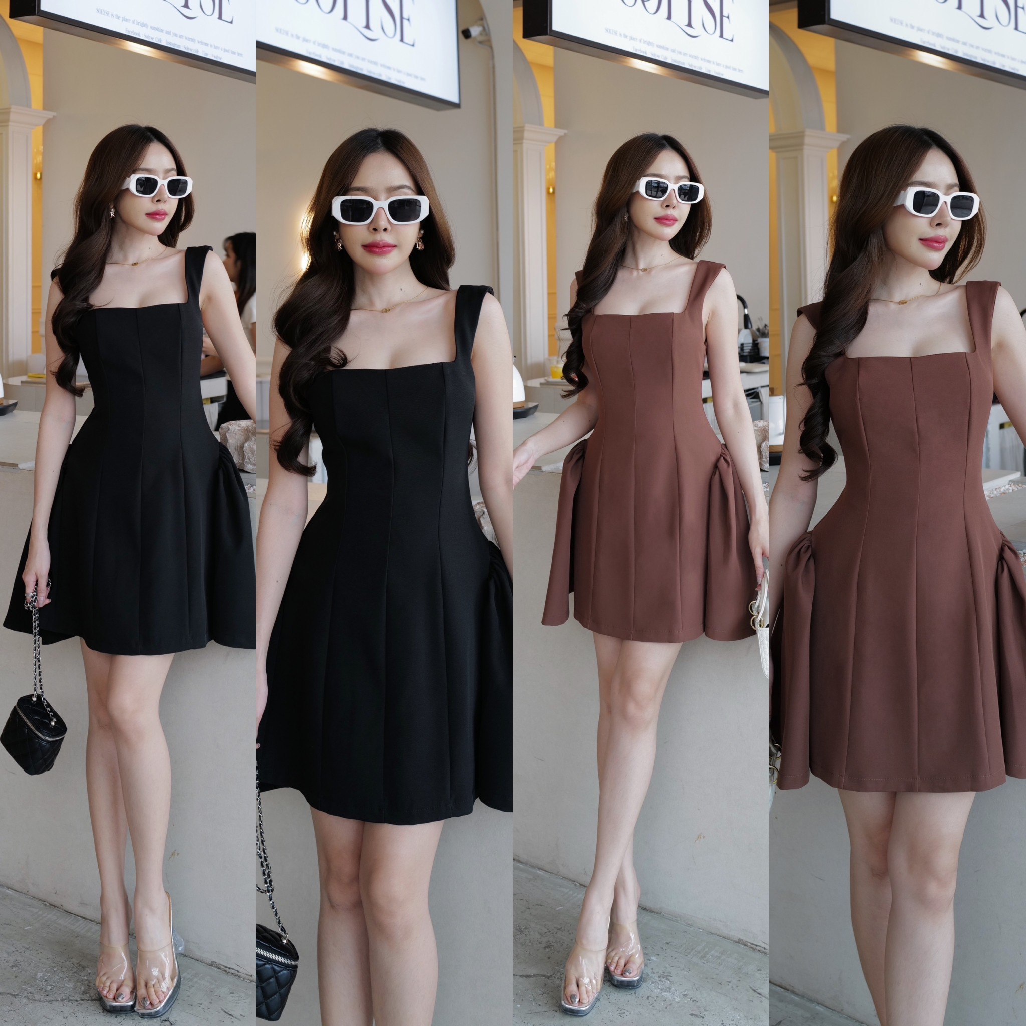 #4770 HILOOK เดรสสั้นสายเวียดนาม คอเหลี่ยมสายใหญ่ ทรงกระโปรงแต่เป็นจับจีบ
