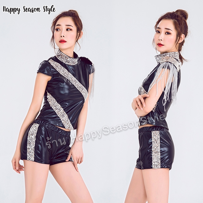 ชุดเชียร์ ชุดเชียร์กีฬา ชุดเชียร์ลีดเดอร์ สีเมทาลิค เงา กางเกงขาสั้น ไหล่แต่งโซ่ (มี 3 สีให้เลือก)