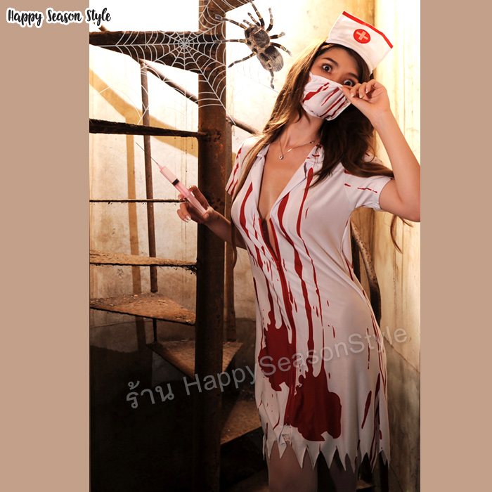 ชุดพยาบาลผี ชุดพยาบาลซอมบี้ พยาบาลผี ซิปแดง
