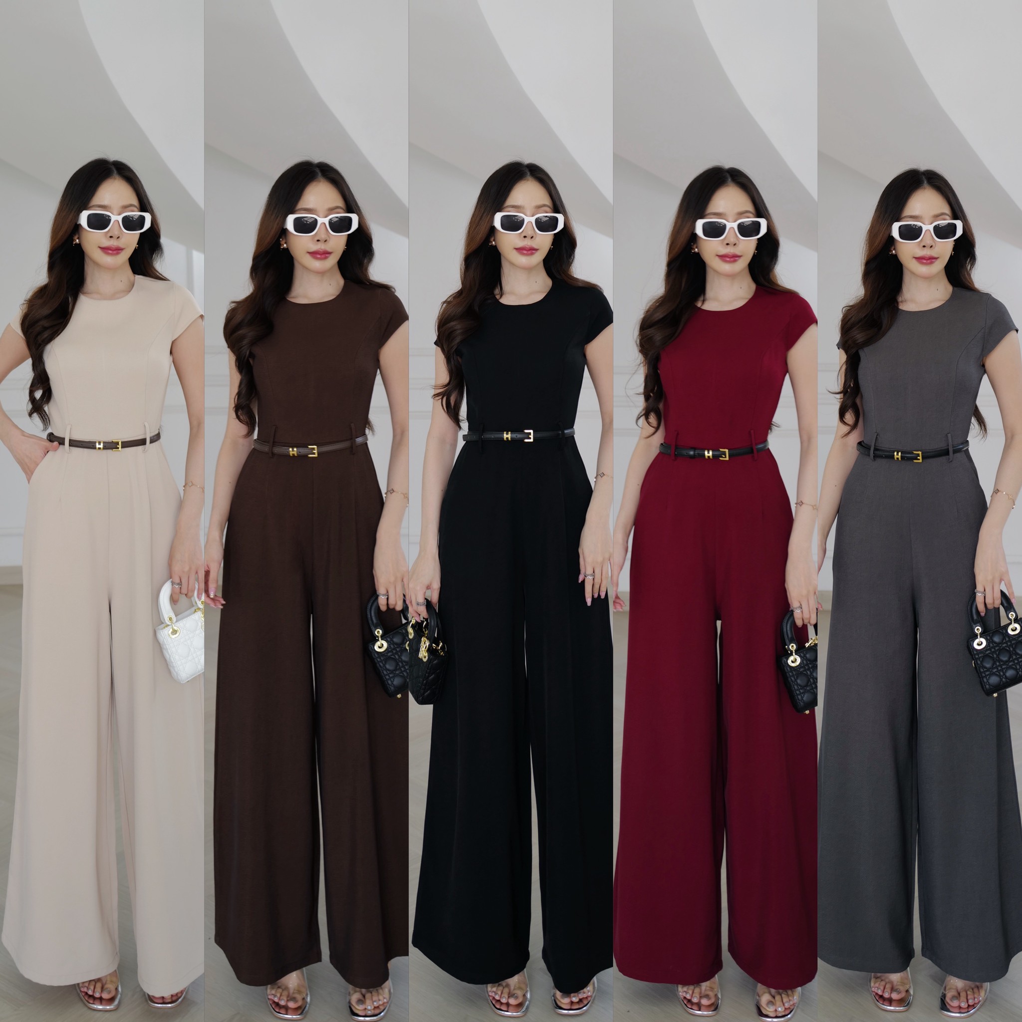 #9885 HILOOK ชุดจั้มขายาวมีแขน+เข็มขัด เรียบหรู คอกลม มีหูกางเกงใส่เข็มขัด ขากระบอบตรงสวยมากกก