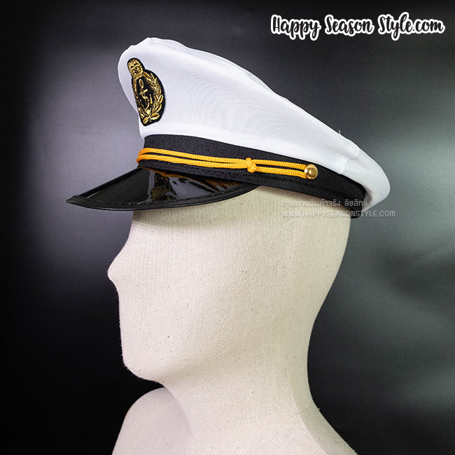 หมวกแฟนซี หมวกกัปตัน โลโก้สมอเรือ แต่งเชือกคู่ ปีกดำ