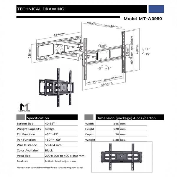 MT-A3950 ขาแขวนทีวีแบบสวิงวัสดุ เหล็กหนา แข็งแรง รองรับจอขนาด 40-55 นิ้ว รุ่น MT-A3950 0964746498