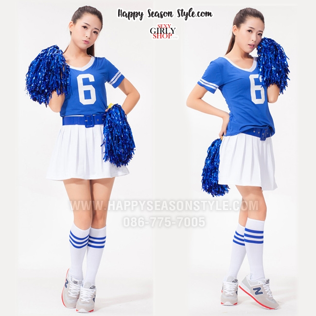 ชุดเชียร์ ชุดกีฬาสี เชียร์ลีดเดอร์ สีน้ำเงิน กุ๊นขาว กระโปรงขาว พร้อมเข็มขัด