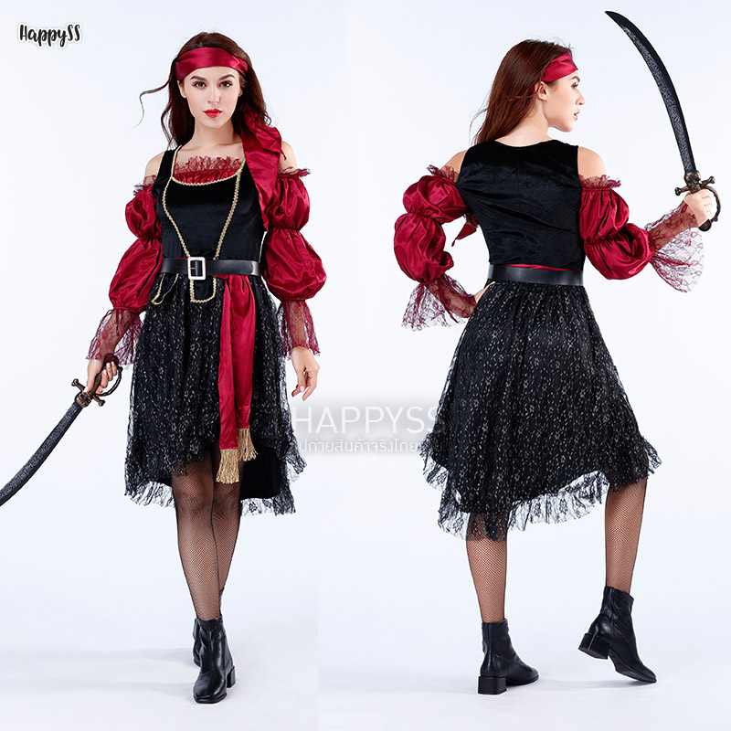 ชุดโจรสลัดหญิง ไหล่ปาดสีแดงลูกไม้เสื้อกั๊กดำ สวยเท่สุดๆ พร้อมดาบ 🏍️💨ส่งไวจากไทย