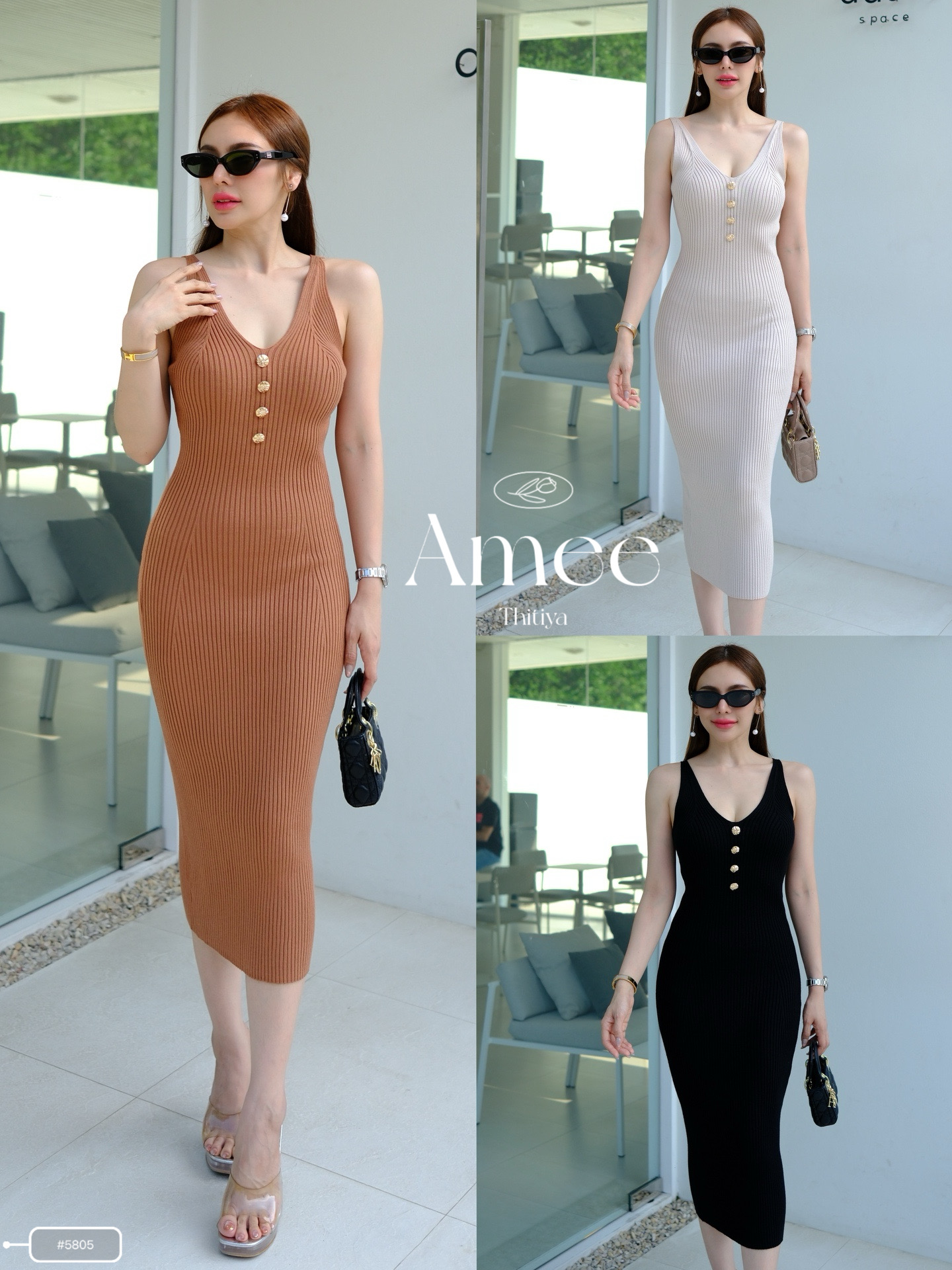#5805 Amee Dress เดรสไหมพรมพรีเมี่ยม ทอลายร่องลึกแนวตั้งพลางหุ่น ทรงอกวีลูกพีช thitiya