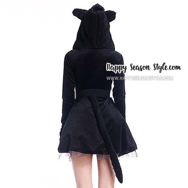 ชุดแฟนซี halloween ชุดแมวดำ แซกมีฮู๊ดหูและหางแมว พร้อมถุงมือแมว