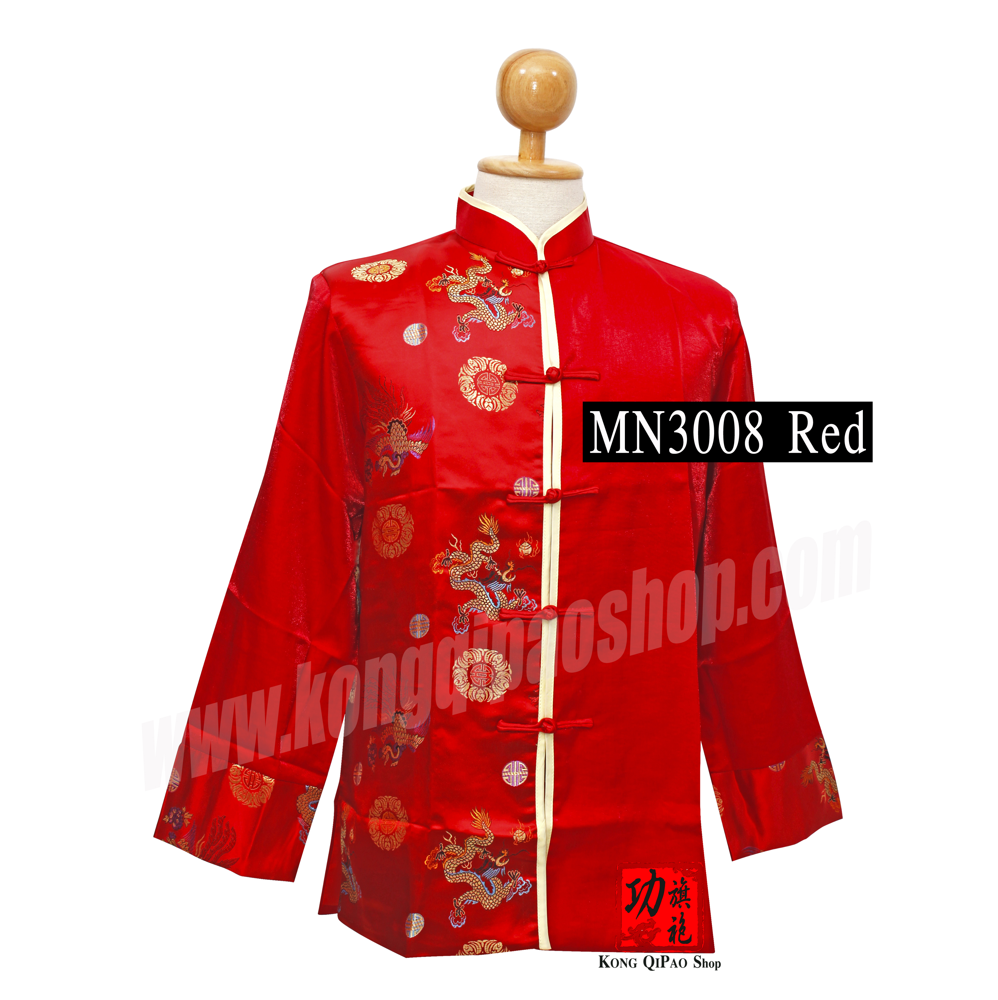 MN3008 เสื้อจีนผู้ชาย แขนยาว ลายมังกรหงส์ และค้างคาว ข้างเดียว