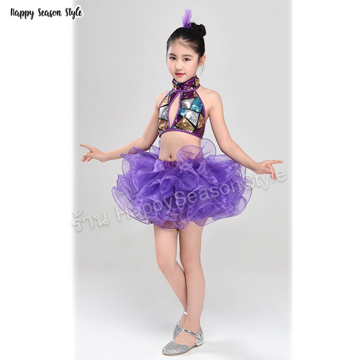 ชุดแฟนซีเด็ก ชุดเชียร์เด็ก ชุดแดนซ์เซอร์เด็ก กีฬาสีเด็ก สีม่วง คล้องคอ กระโปรงฟู