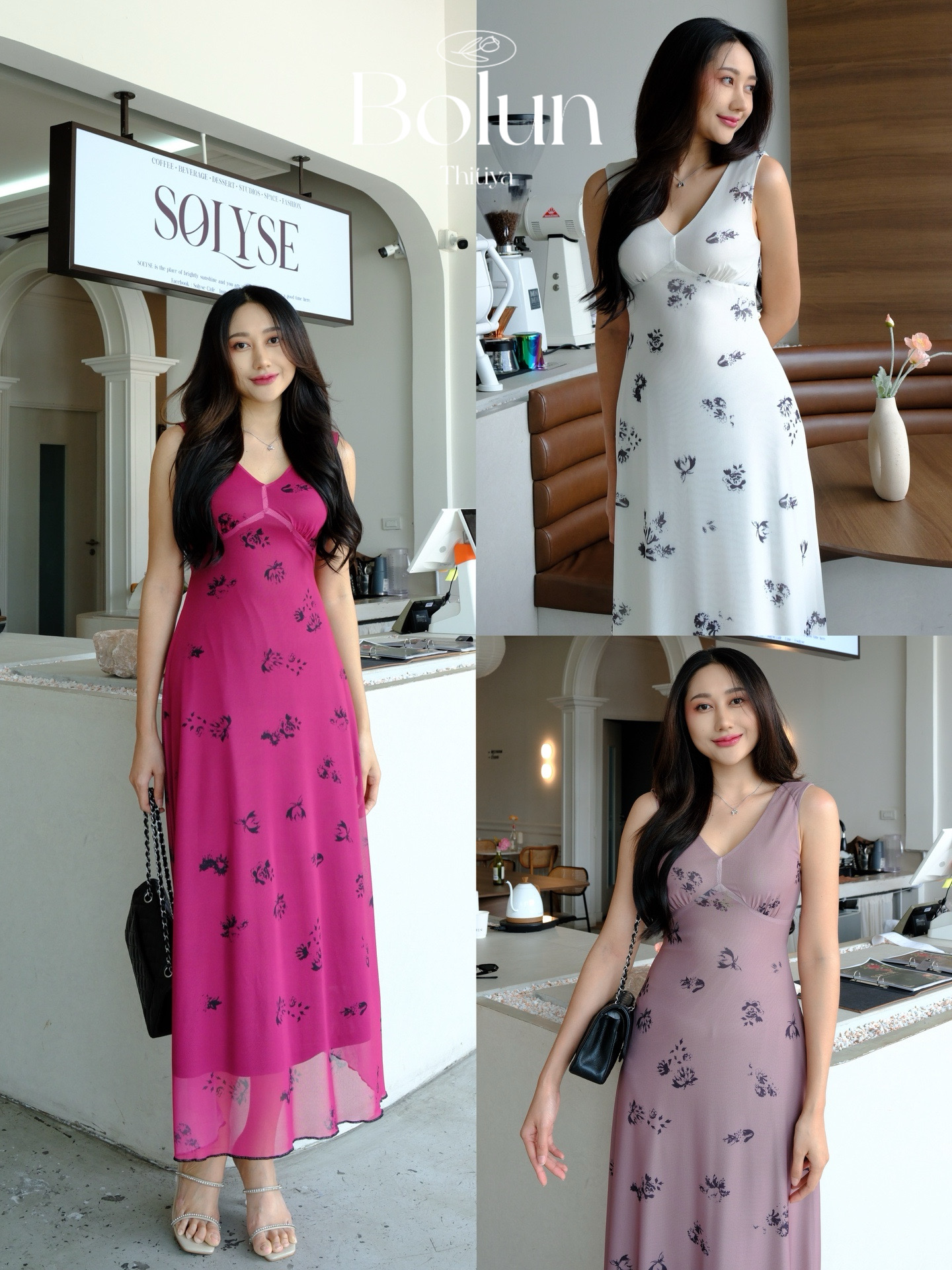 Bolun Dress - เดรสยาวคอวีพิมพ์ลาย ซับในทั้งตัว ผ้ายืดทั้งตัวชีฟองและซับใน thitiya