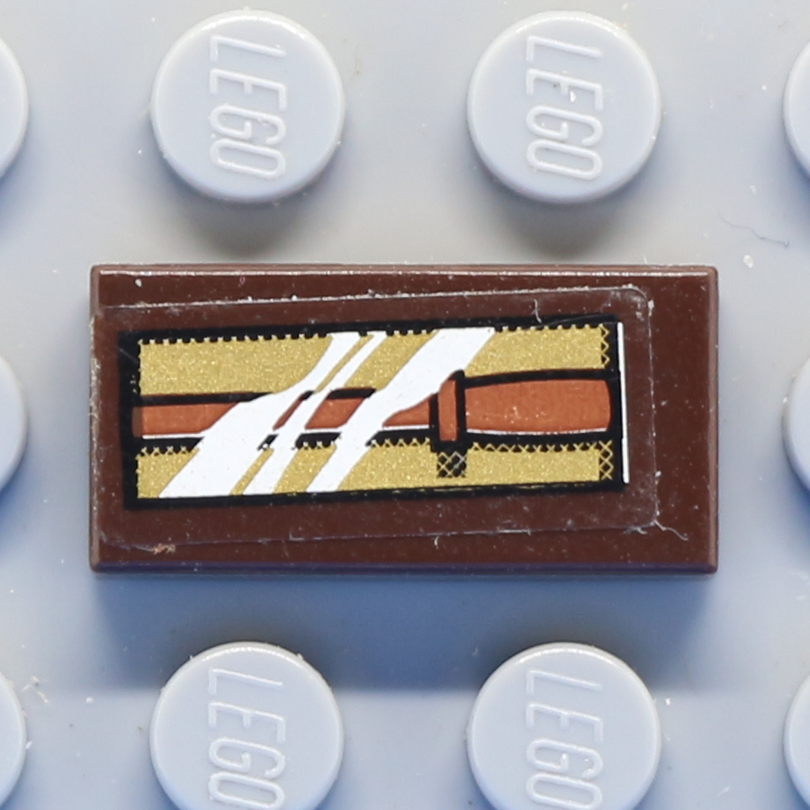 Tile 1 x 2 with Groove with Box with Reddish Brown Wand on Gold Background with Reflection Pattern (Sticker) - Set 10217