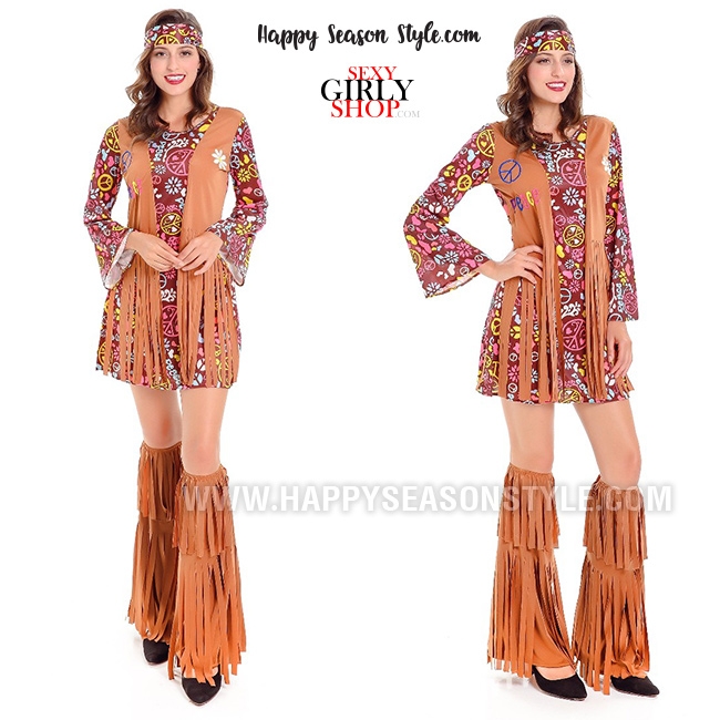 ชุดย้อนยุค แนวบุปผาชน โบฮีเมียนสั้นเสื้อกั๊กน้ำตาล ฮิปปี้ ซิกตี้ 60s