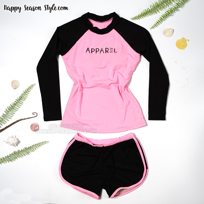 ชุดว่ายน้ำ ทูพีช แยกชิ้น เสื้อแขนยาว กางเกงขาสั้น สีชมพู-ดำ
