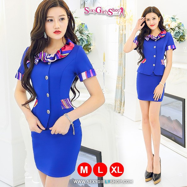 ชุดแฟนซี ชุดยูนิฟอร์ม - ชุดพนักงาน แต่งปกผ้าพันคอผ้าพิมพ์ลาย - สีน้ำเงิน