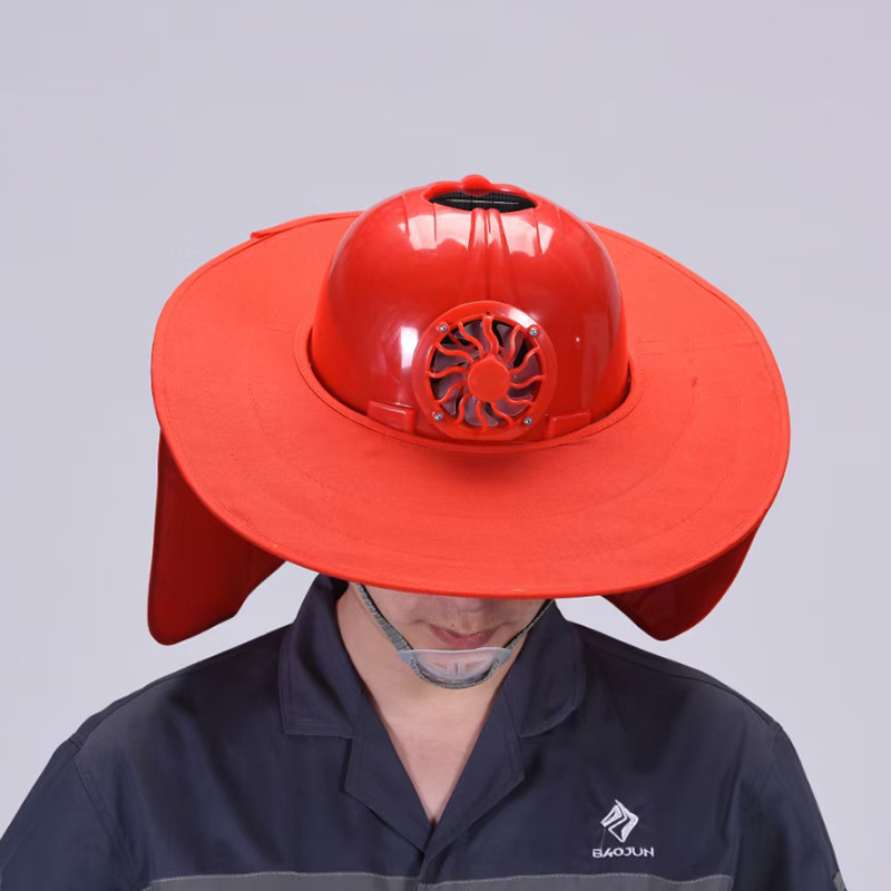 หมวกนิรภัย หมวกเซฟตี้ ติดพัดลมระบายความร้อน พลังงานแสงอาทิตย์+หน้ากากPVC (สีแดง)