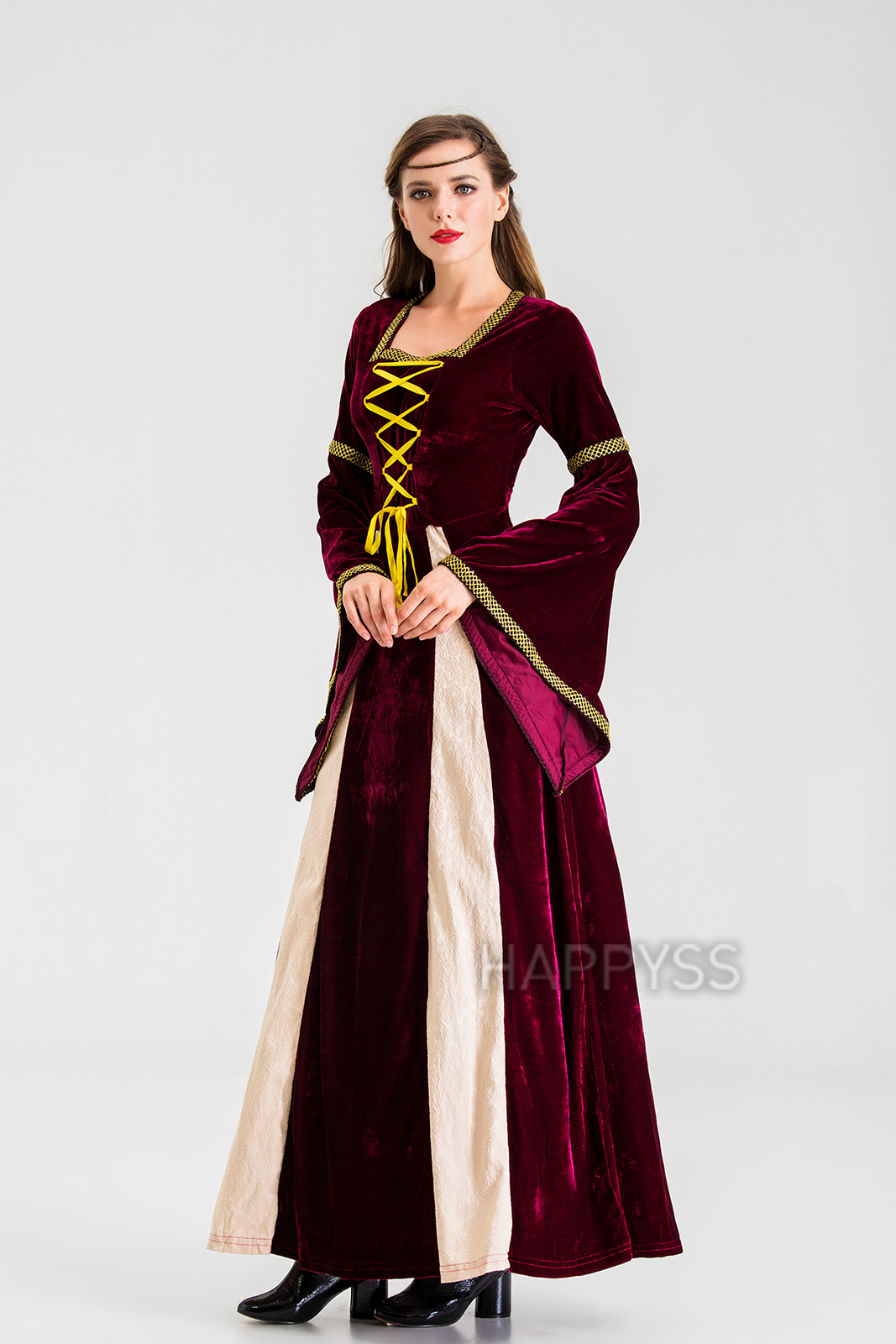 ชุดยุโรป ชุดย้อนยุค ผ้ากำมะหยี่ แทรกผ้า 2 แฉก ริบบิ้นเหลือง