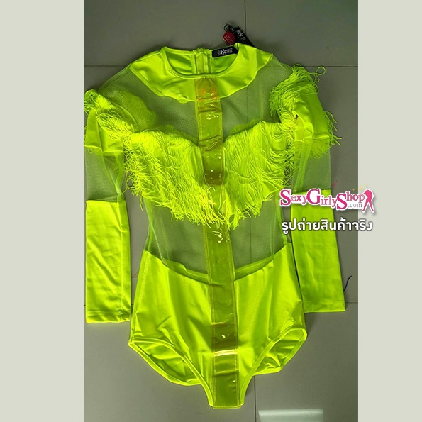 ชุดแฟนซี ชุดพริตตี้ ชุดนักร้อง ชุดแดนเซอร์ ชุดติดกันสลับผ้าซีทรู แต่งพู่ สีเขียว เลม่อน นีออน