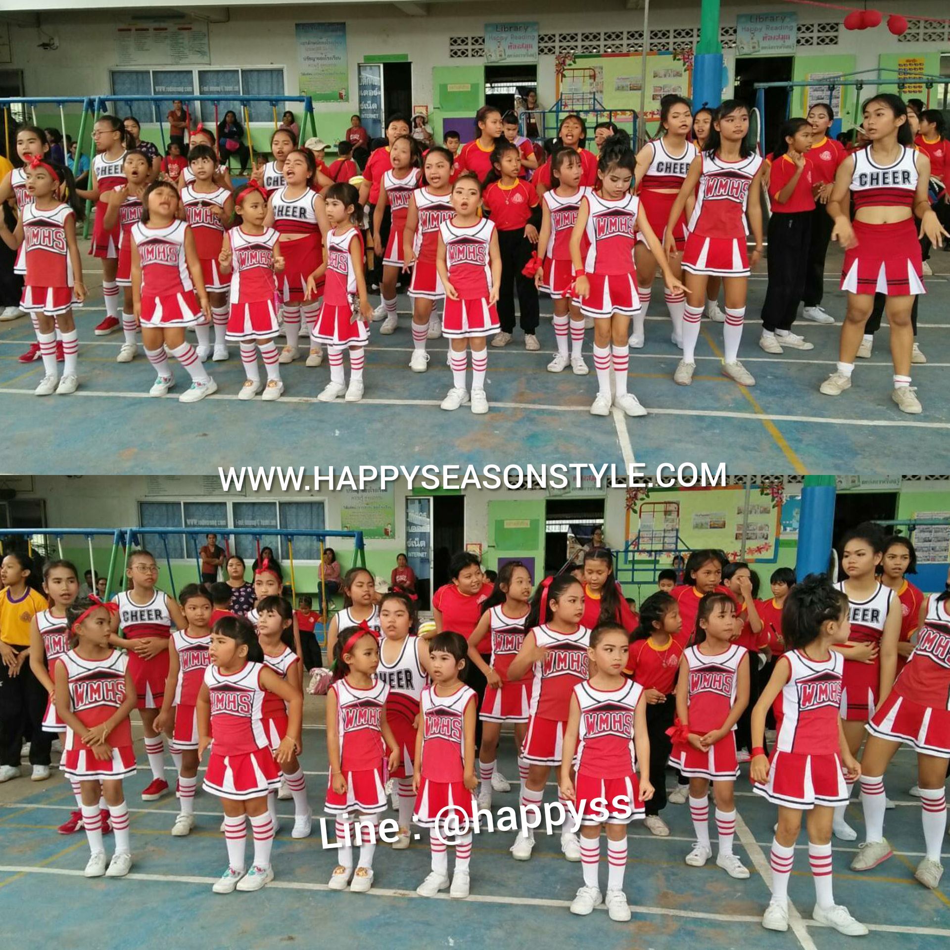 ชุดเชียร์กีฬา เชียร์เด็ก แขนกุด สีแดง สกรีน WMHS กระโปรงแดง แถมถุงเท้า