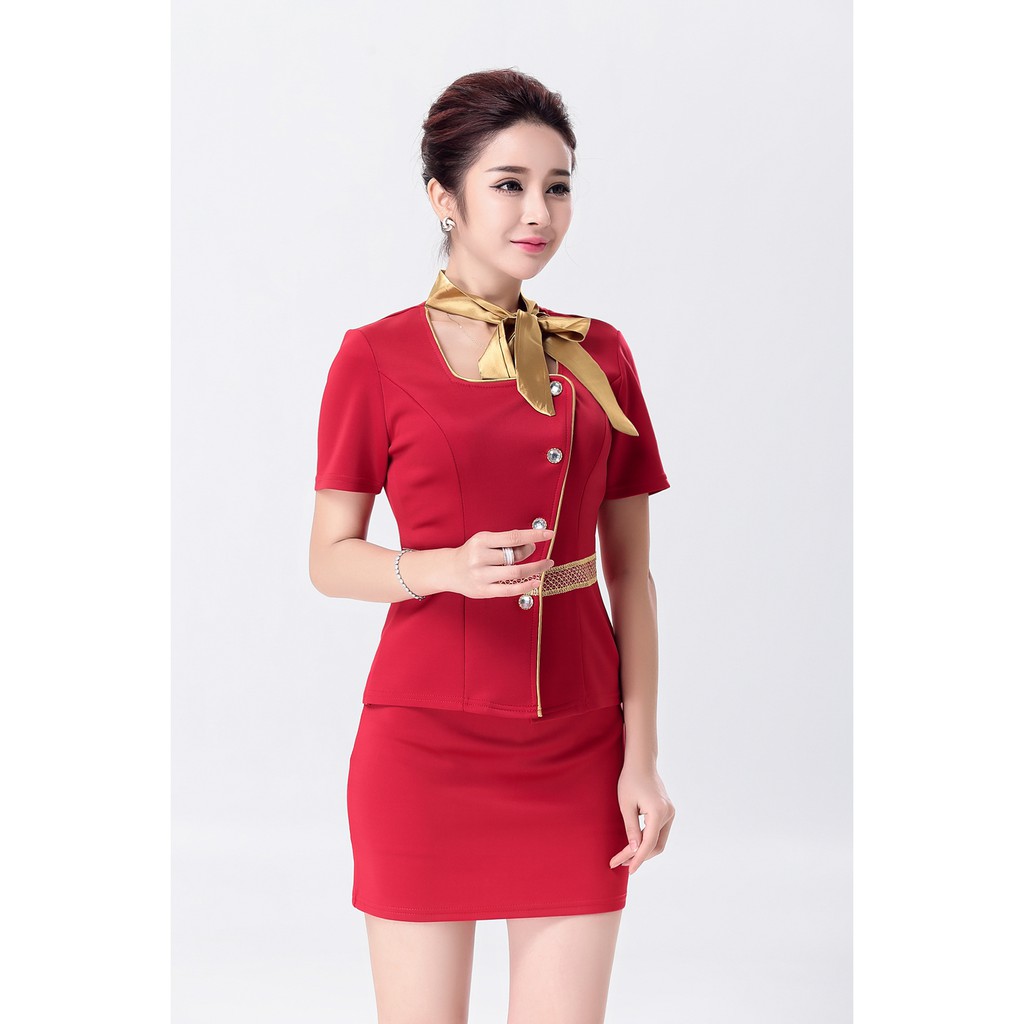 ชุดพนักงาน⚡️ส่งไวจากไทย⚡️ชุดแอร์ ชุดพนักงาน - คอเหลี่ยม แต่งริบบิ้นที่คอสีทอง ชุดแอร์ ยูนิฟอร์ม พนักงานต้อนรับ พีอาร์