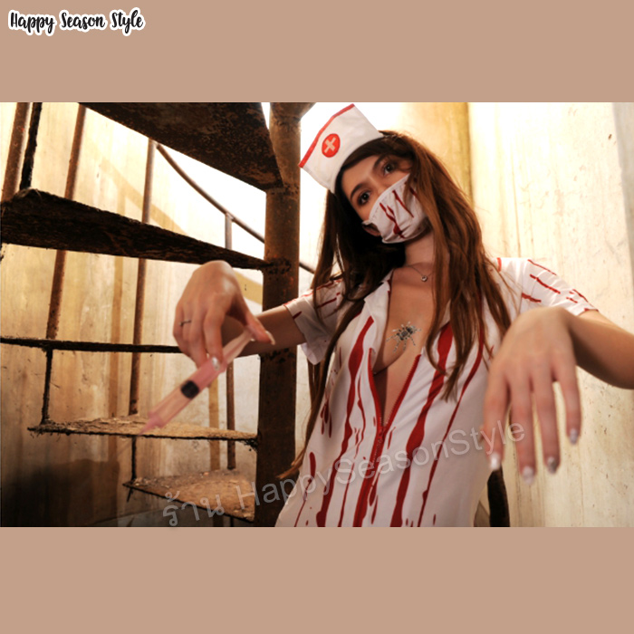 ชุดพยาบาลผี ชุดพยาบาลซอมบี้ พยาบาลผี ซิปแดง