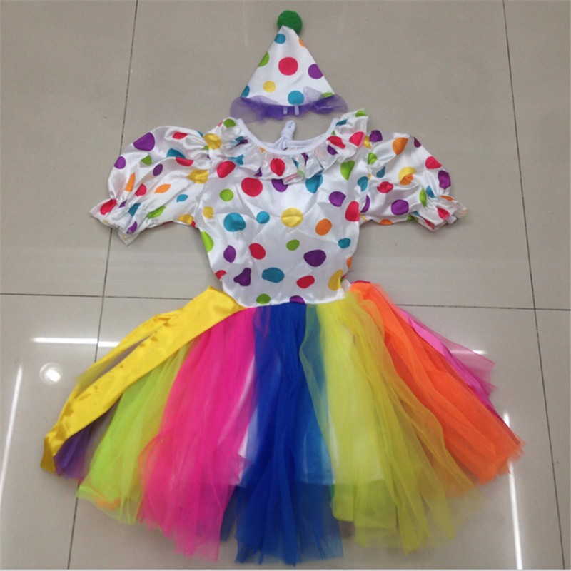 ชุดแฟนซีเด็ก ชุดตัวตลก สำหรับเด็กผู้หญิง ชุดโบโซ่ แซกแขนตุ๊กตาลายจุด กระโปรงรูดระบายสีรุ้ง พร้อมหมวก