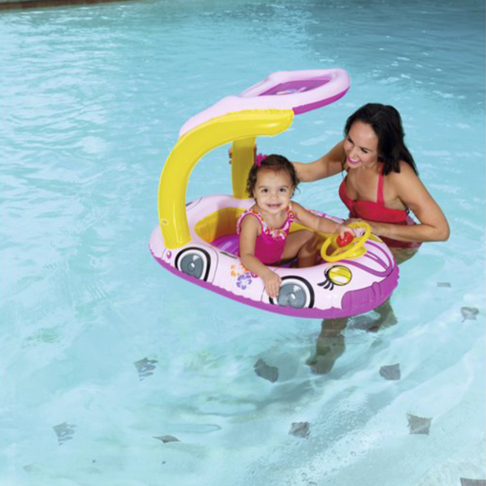 Bestway H2O GO แพยางเด็กแบบสอดขารูปรถลายดอกไม้ พร้อมม่านบังแดด Inflatable Top Quality Children Ride-On Float (สีชมพู)