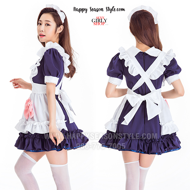 ชุดแฟนซี ชุดคอสเพลย์ ชุดเมด แม่บ้าน สาจ๋า - maid ชุดสาวเสิร์ฟ น้ำเงิน เจาะอก โบว์ชมพู